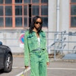 Chrissy Rutherford is seen wearing green denim jacket, jeans outside Gestuz during Copenhagen Fashio...