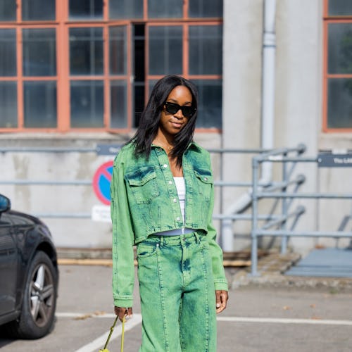 Chrissy Rutherford is seen wearing green denim jacket, jeans outside Gestuz during Copenhagen Fashio...