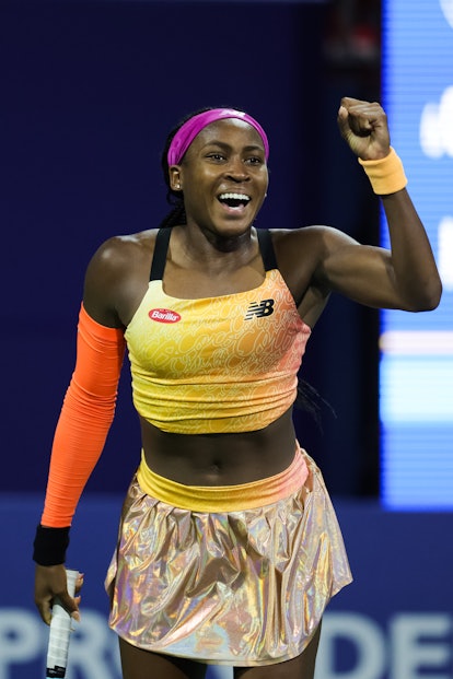 Coco Gauff reacts to defeating Naomi Osaka of Japan during the Mubadala Silicon Valley Classic, part...