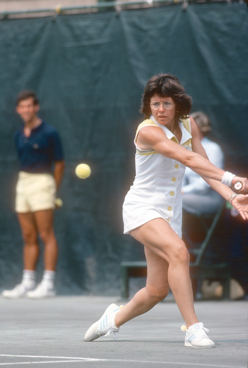 Billie Jean King of the United States returns a shot during a match at the Women's 1977 US Open Tenn...