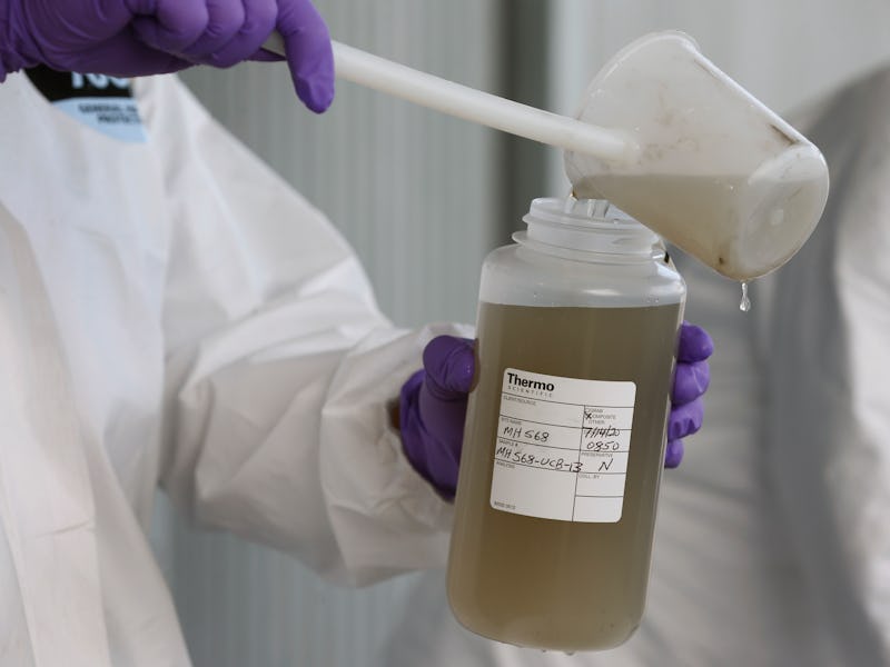 Zach Wu, a wastewater control inspector with EBMUD, transfers sewer water into a bottle that will be...