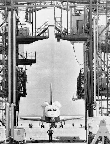 Space shuttle Enterprise Orbiter is towed back to the gantry where it will resume its perch atop a 7...