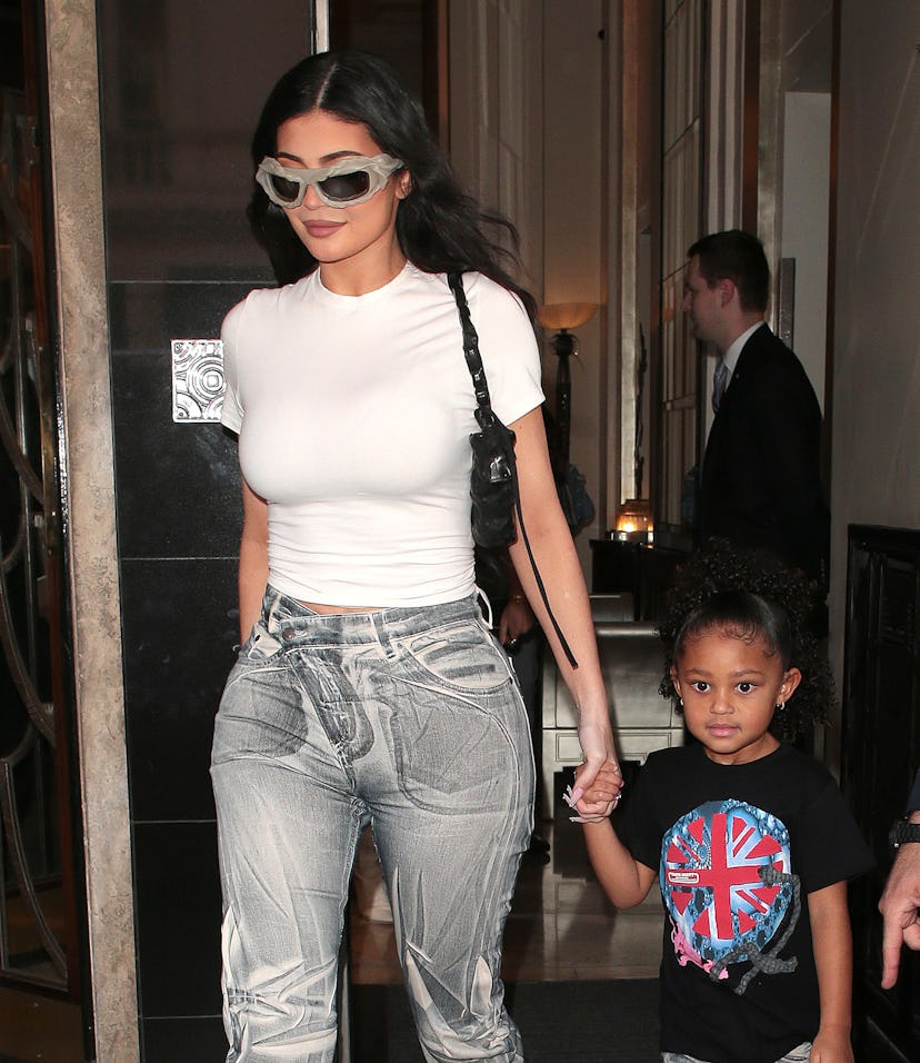 LONDON, ENGLAND - AUGUST 06:  Kylie Jenner and Stormi seen leaving their hotel in London, on their w...