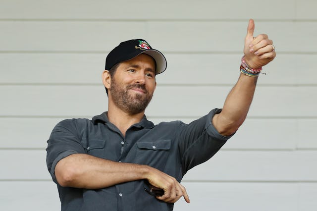 WREXHAM, WALES - MAY 28: Ryan Reynolds, Owner of Wrexham gives a thumbs up prior to the Vanarama Nat...