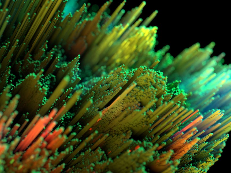 Abstract data background with growing fiber optic lines in green and yellow