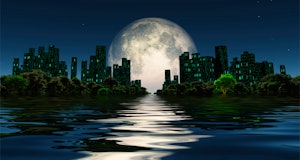Surreal digital art. City surrounded by green trees in water world with a giant moon in the sky.
