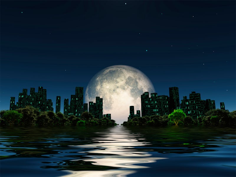 Surreal digital art. City surrounded by green trees in water world with a giant moon in the sky.