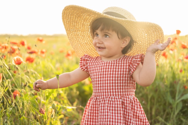 A toddler girl wearing a dress and floppy sun hat, smiling in a sunny field of flowers, in this arti...