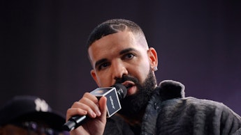 LONG BEACH, CALIFORNIA - OCTOBER 30: Drake speaks  onstage during Drake's Till Death Do Us Part rap ...