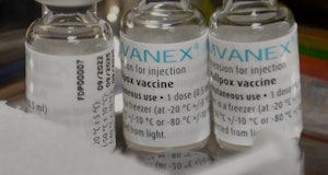 This photograph taken in Lille, northern France, on August 10, 2022 shows doses of Imvanex, a vaccin...