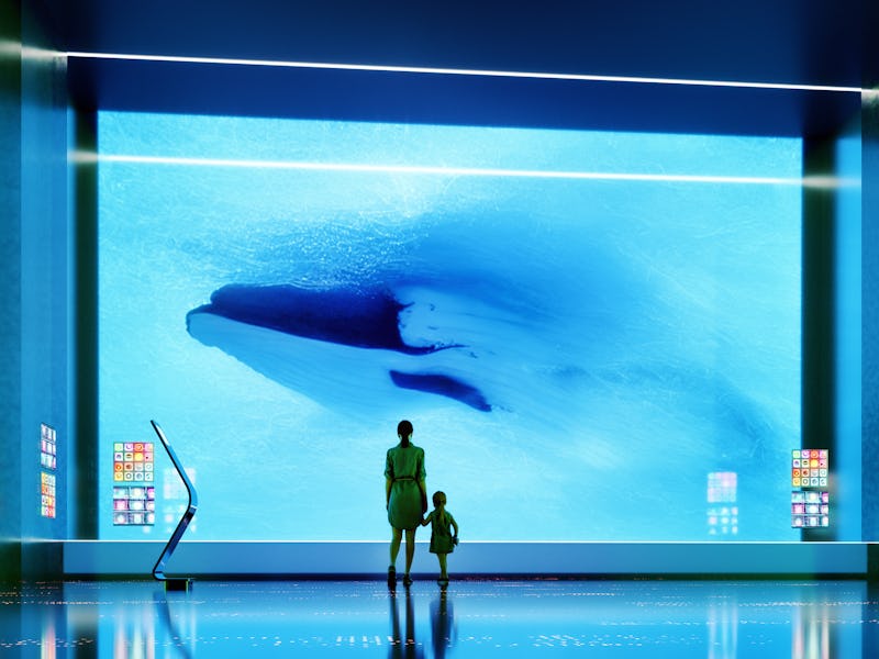 Futuristic Aquatic attraction with mother and her child. This is entirely 3D generated image, includ...