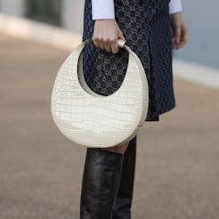 DUSSELDORF, GERMANY - FEBRUARY 27: Yvonne Mhoulen wearing Massimo Dutti blouse, Gucci denim skirt, C...