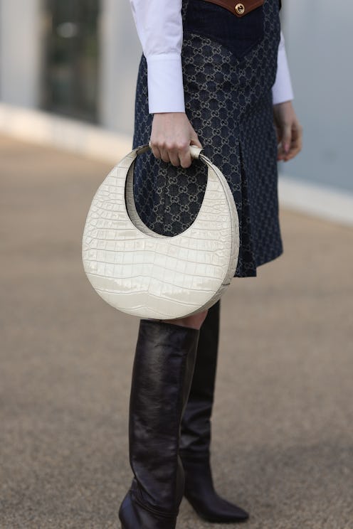DUSSELDORF, GERMANY - FEBRUARY 27: Yvonne Mhoulen wearing Massimo Dutti blouse, Gucci denim skirt, C...