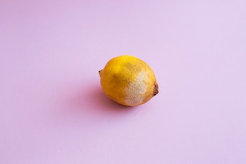 Lemon with mold on purple background