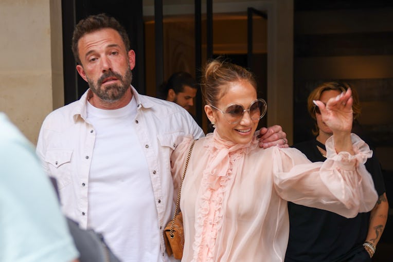 PARIS, FRANCE - JULY 25: Jennifer Lopez and Ben Affleck are seen leaving the Costes Hotel on July 25...