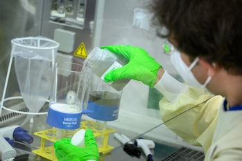 PRODUCTION - 19 July 2022, Berlin: Molecular biologist Emanuel Wyler examines wastewater samples for...