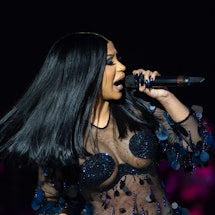 LONDON, ENGLAND - JULY 08: (Editorial Use Only) Cardi B performs on the main stage during Wireless F...