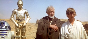 British actors Anthony Daniels, Alec Guinness and American Mark Hamill on the set of Star Wars: Epis...