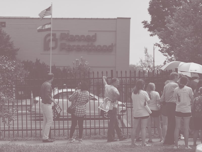ST LOUIS, MO - JUNE 04: A group of demonstrators gather during a pro-life rally outside the Planned ...