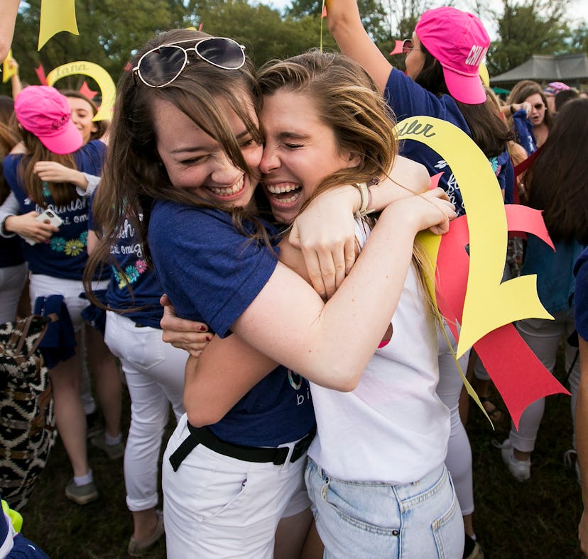 Sorority sisters hug during rush week, which rush week tips from former sorority sisters can help wi...