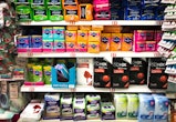 Sanitary products and tampons on sale in a Glasgow supermarket. Scotland was the first country to ma...