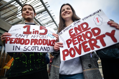 Campaigners and activists rally outside the Scottish Parliament in support of Period Products Bill i...
