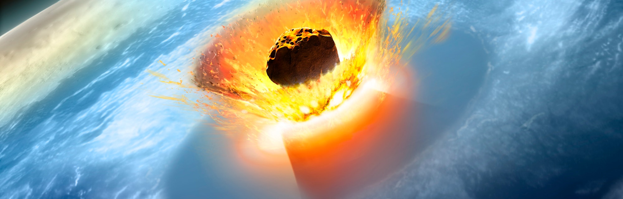 Asteroid impact. Illustration of a large asteroid colliding with Earth on the Yucatan Peninsula in (...