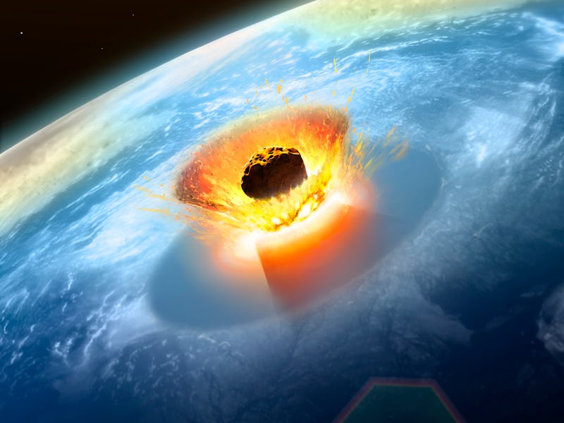 Asteroid impact. Illustration of a large asteroid colliding with Earth on the Yucatan Peninsula in (...