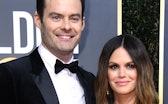 US actor Bill Hader (L) and actress Rachel Bilson arrive for the 77th annual Golden Globe Awards on ...