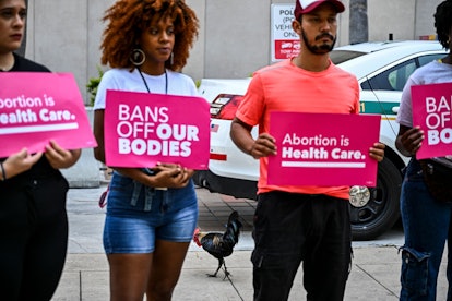 Members of Florida Planned Parenthood PAC Abortion rights activists hold placards as they protest th...