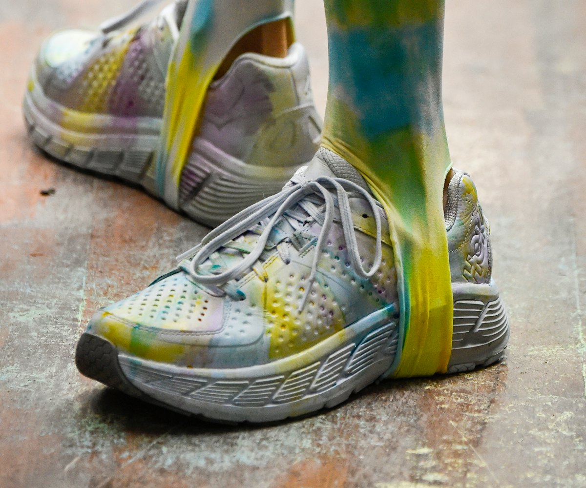 NEW YORK, NEW YORK - FEBRUARY 07: A model, shoes detail, walks the runway at the Collina Strada fash...