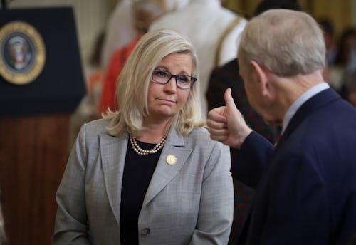 WASHINGTON, DC - JULY 7: Rep. Liz Cheney (R-WY) gets a thumbs up from former Sen. Joe Lieberman (D-C...