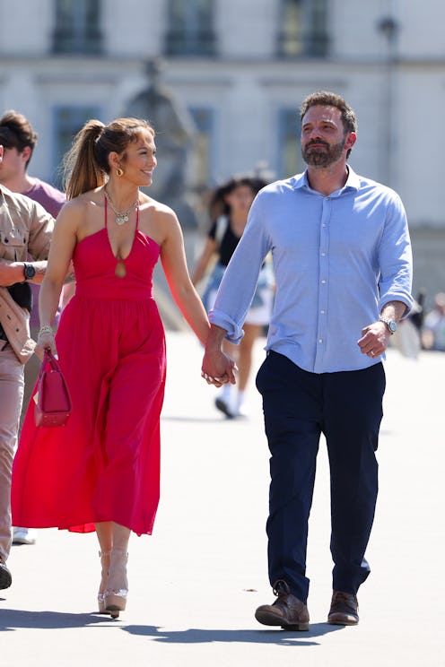 PARIS, FRANCE - JULY 24: Jennifer Lopez and Ben Affleck are seen strolling near the Louvre Museum on...