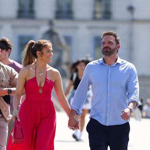 PARIS, FRANCE - JULY 24: Jennifer Lopez and Ben Affleck are seen strolling near the Louvre Museum on...