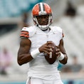 JACKSONVILLE, FL - AUGUST 12: Cleveland Browns quarterback Deshaun Watson (4) throws a pass during t...