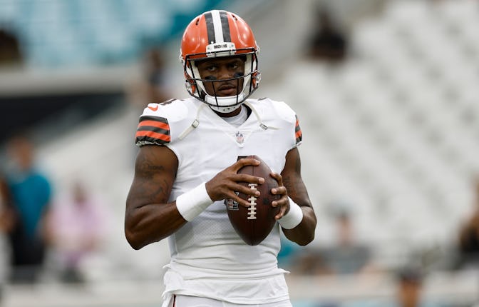 JACKSONVILLE, FL - AUGUST 12: Cleveland Browns quarterback Deshaun Watson (4) throws a pass during t...