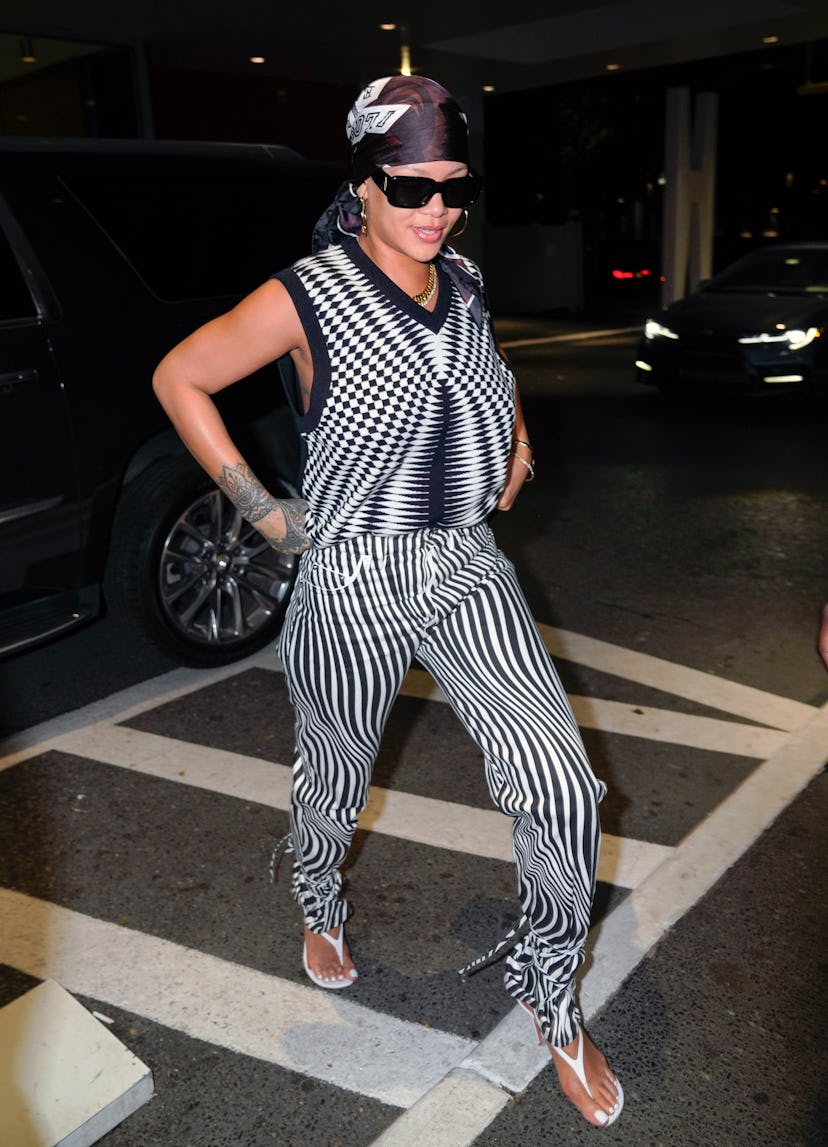 Rihanna is seen out and about in a black and white patterned outfit on July 09, 2021 in New York Cit...