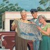 Illustration of an older tourist couple getting directions on a map from a gas station attendant, 19...