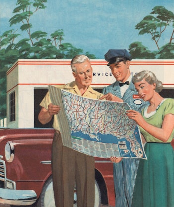 Illustration of an older tourist couple getting directions on a map from a gas station attendant, 19...
