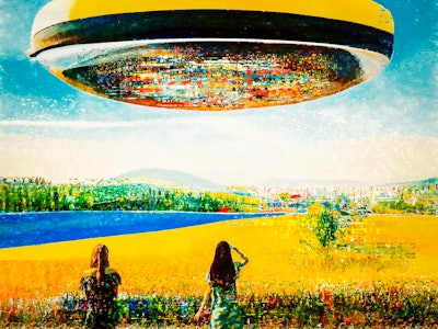 Abstract surreal image of landing UFO over rural landscape. This is entirely computer generated imag...