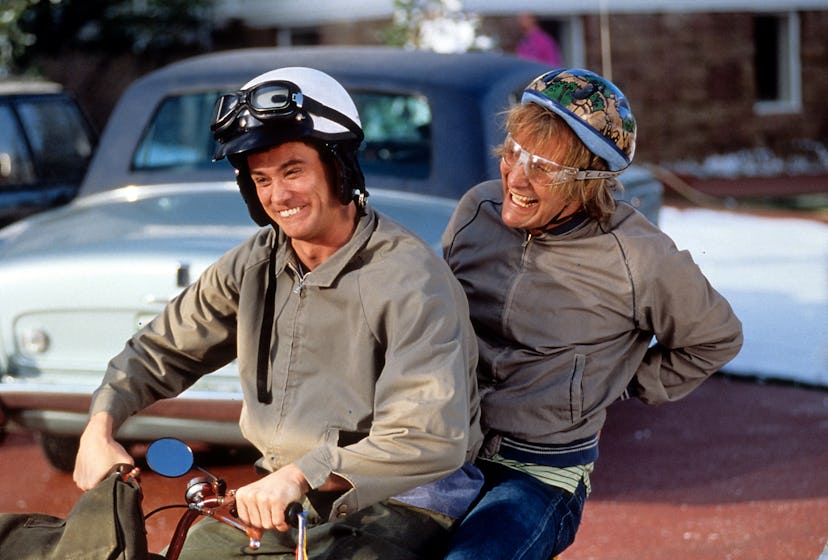 Jim Carrey and Jeff Daniels riding bike in a scene from the film 'Dumb & Dumber', 1994. (Photo by Ne...