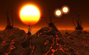 Иллюстрация планеты с тремя звездами, залитыми красным светом