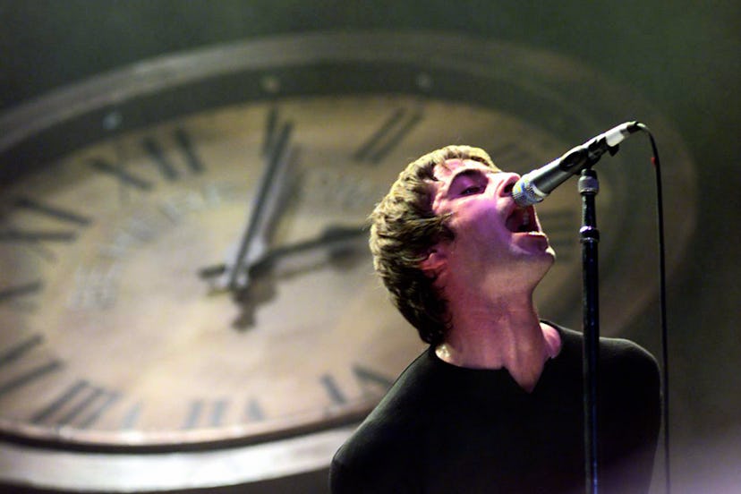 Liam Gallagher, lead singer with Oasis, during tonight's (Tuesday)  concert at Wembley Arena. Photo ...