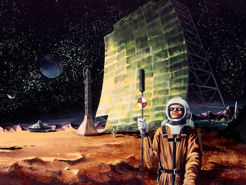 1960s ILLUSTRATION ASTRONAUTS ON EARTHS MOON SPACEMAN SURVEYORS EXPLORERS SCI-FI SCIENCE FICTION FA...
