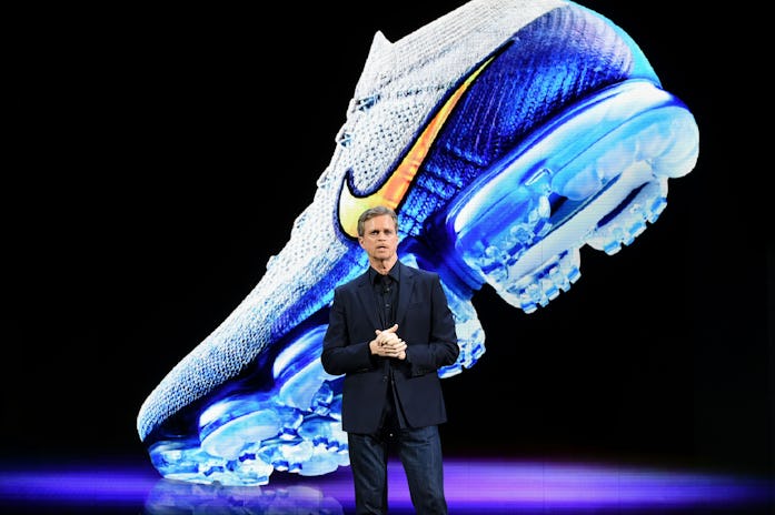 Nike president and CEO Mark Parker reveals their latest innovative sports products during an event i...