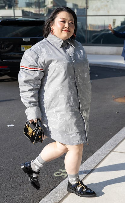 Comedian Naomi Watanabeis seen arriving to Thom Browne Fall 2022 runway show at Javits Center on Apr...