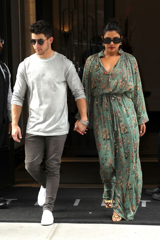 Nick Jonas and Priyanka Chopra Jonas, wearing matching outfits, are seen leaving their home on Septe...