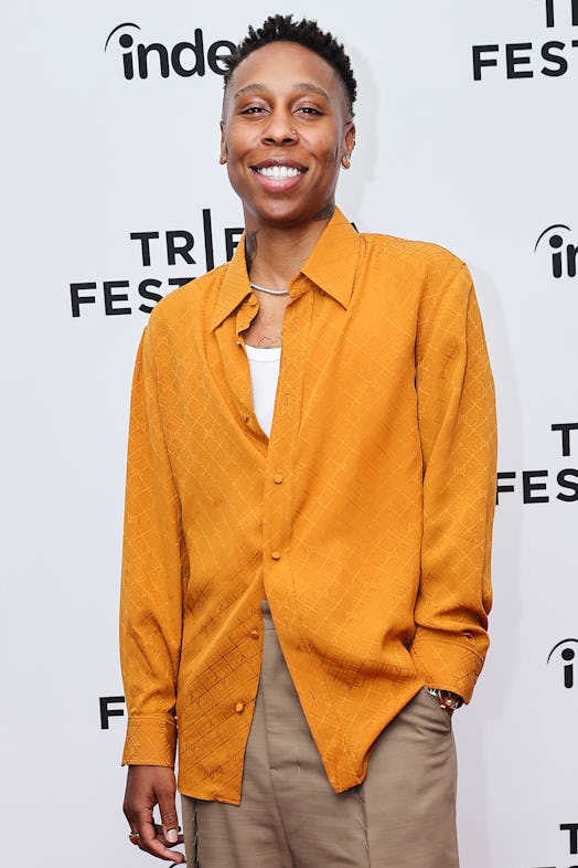 Lena Waithe wearing a golden gucci shirt