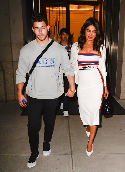 Nick Jonas and Priyanka Chopra wearing matching outfits in Soho on September 4, 2018 in New York Cit...