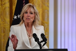 US First Lady Jill Biden delivers remarks during a reception celebrating Pride Month in the East Roo...
